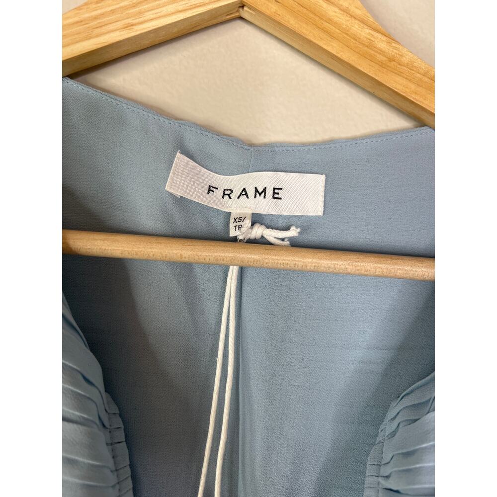 NWT Frame Pleated Billow Sleeve V-Neck Long Sleeve Blouse Top Chambray Blue - Picture 5 of 8